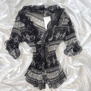 Daniel Jeans Black White Sheer Pleated Ruffle Blouse Snowflake Pattern Small